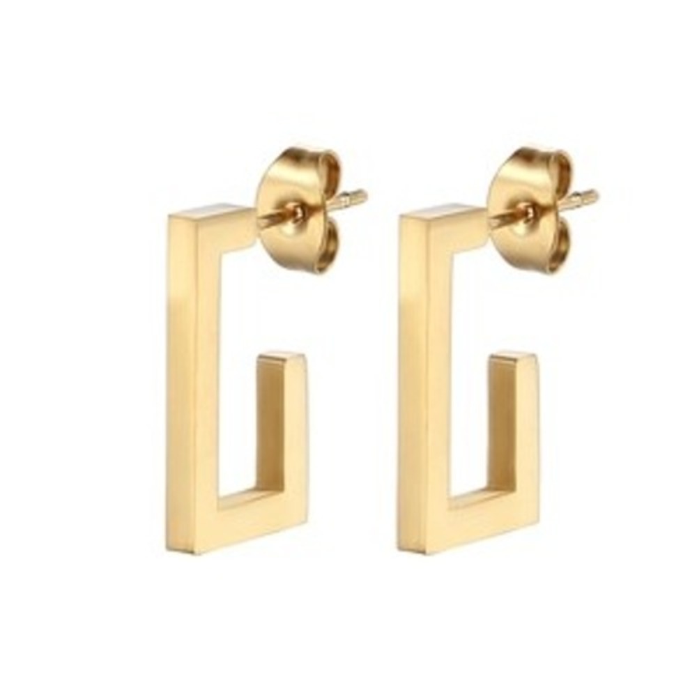 Gold Stainless Steel Geometric Rectangular G Shape Open Hoop Earrings Women